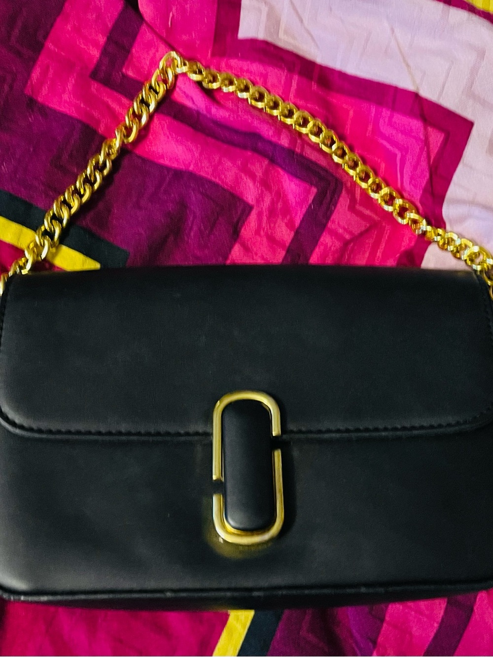 Black Leather Chain Shoulder Bag with Gold Hardware